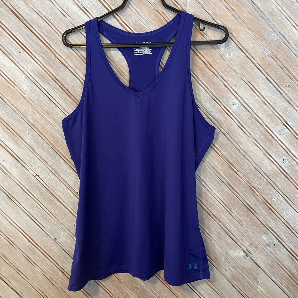 Under Armour blue purple XL fitted heat gear tank top V neck workout athletic